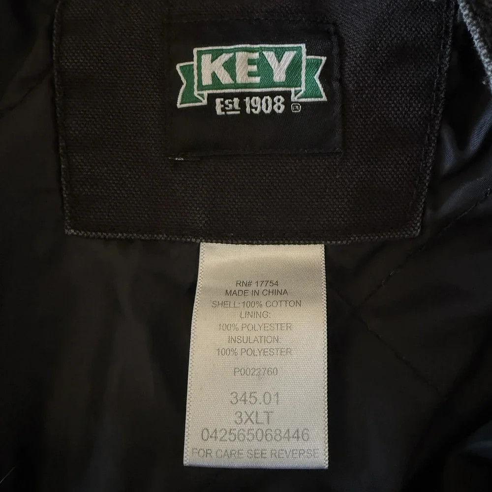 Key Mens 3XL Jacket Hooded Workwear Zip Black Canvas Quilt Lined‎ Thrashed Coat